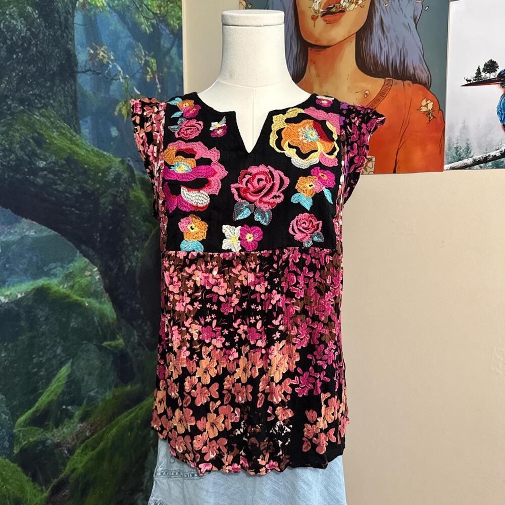 savanna jane embroidered boho floral blouse size small